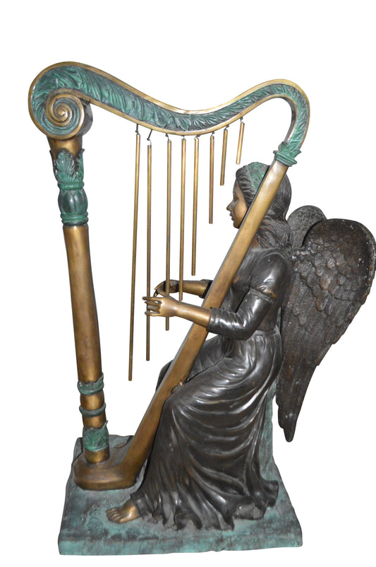 Angel playing a harp bronze statue - Size: 30"L x 15"W x 44"H.