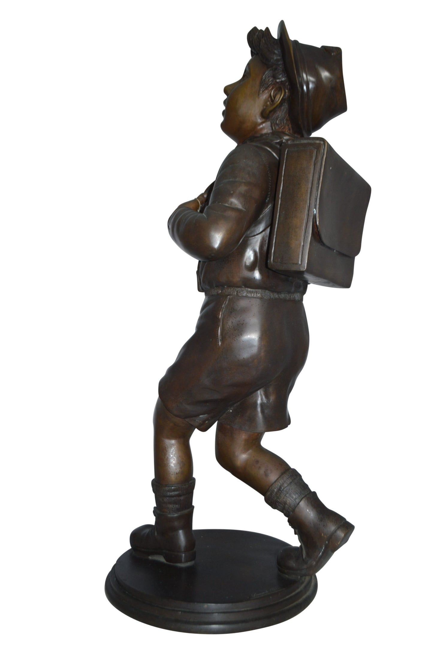 Boy with backpack bronze statue - Size: 20"L x 18"W x 46"H.