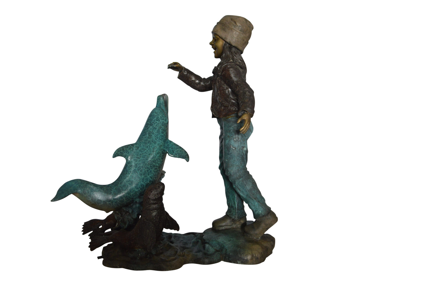 Girl feeding a dolphin and seals bronze fountain - Size: 28"L x 17"W x 37"H.