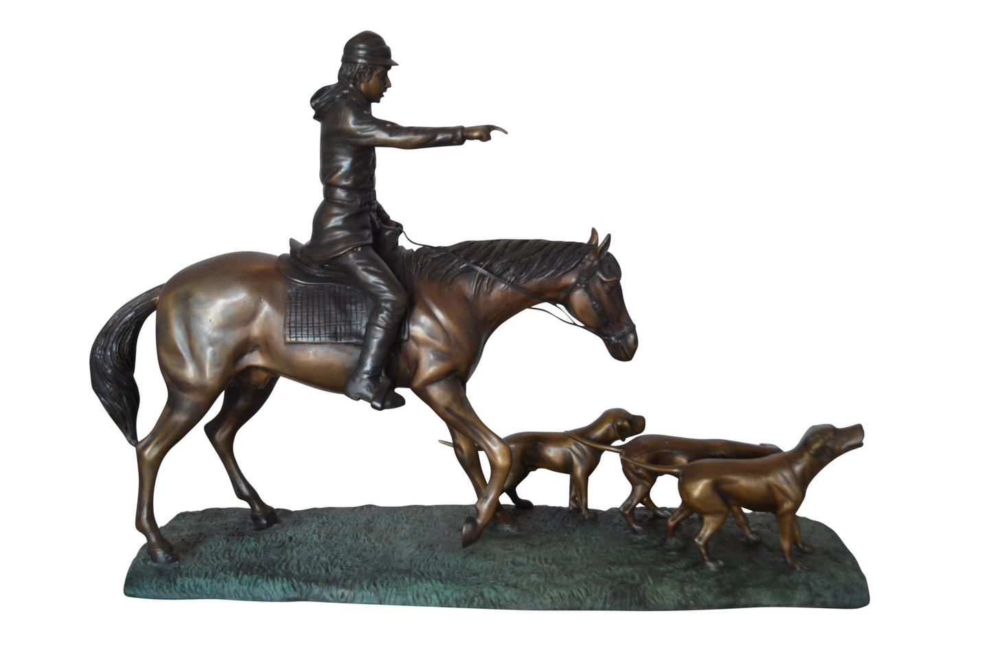 Hunter with three dogs Bronze Statue - Size: 27"L x 6"W x 18"H.