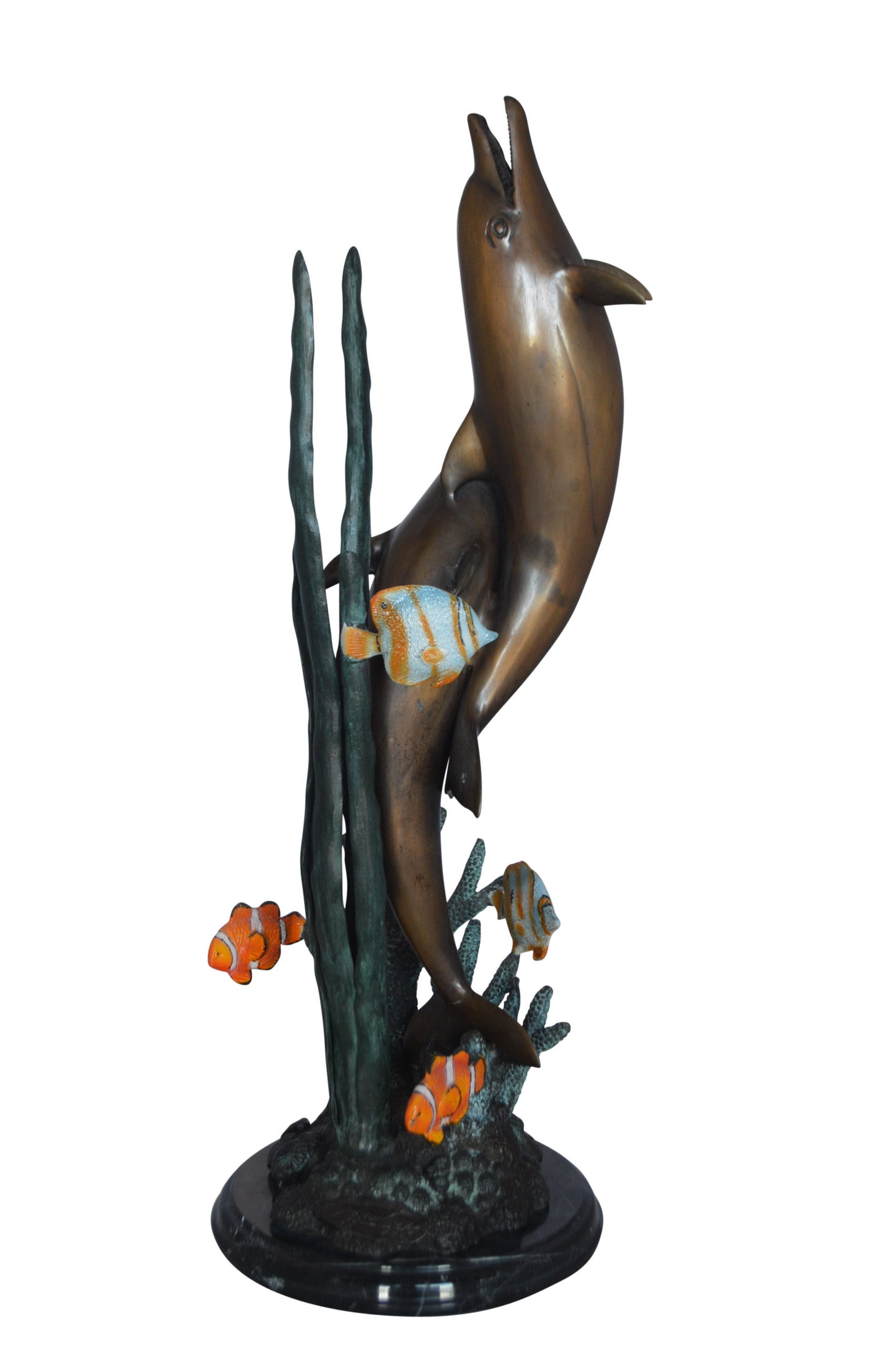 Two dolphins with fish, table top bronze statue. - Size: 8"L x 8"W x 22"H.