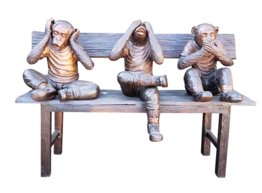 Three Wise Monkeys on a Bench two tones bronze -  Size: 45"L x 19"W x 30"H