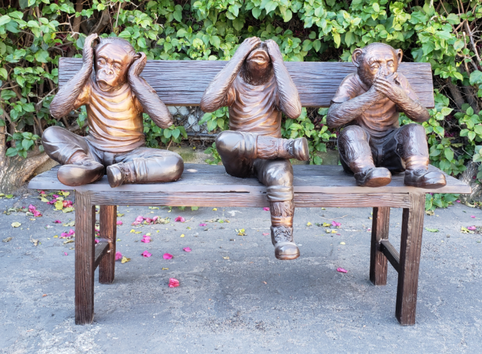 Three wise monkeys on a bench two tones bronze - Size: 45"L x 19"W x 30"H.
