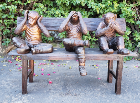 Three Wise Monkeys on a Bench two tones bronze - Size: 45"L x 19"W x 30"H