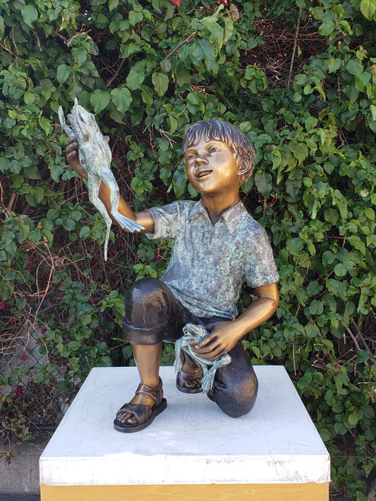 A Little Boy Playing with Two Frogs Bronze Statue Fountain  18" x 16" x 25"H