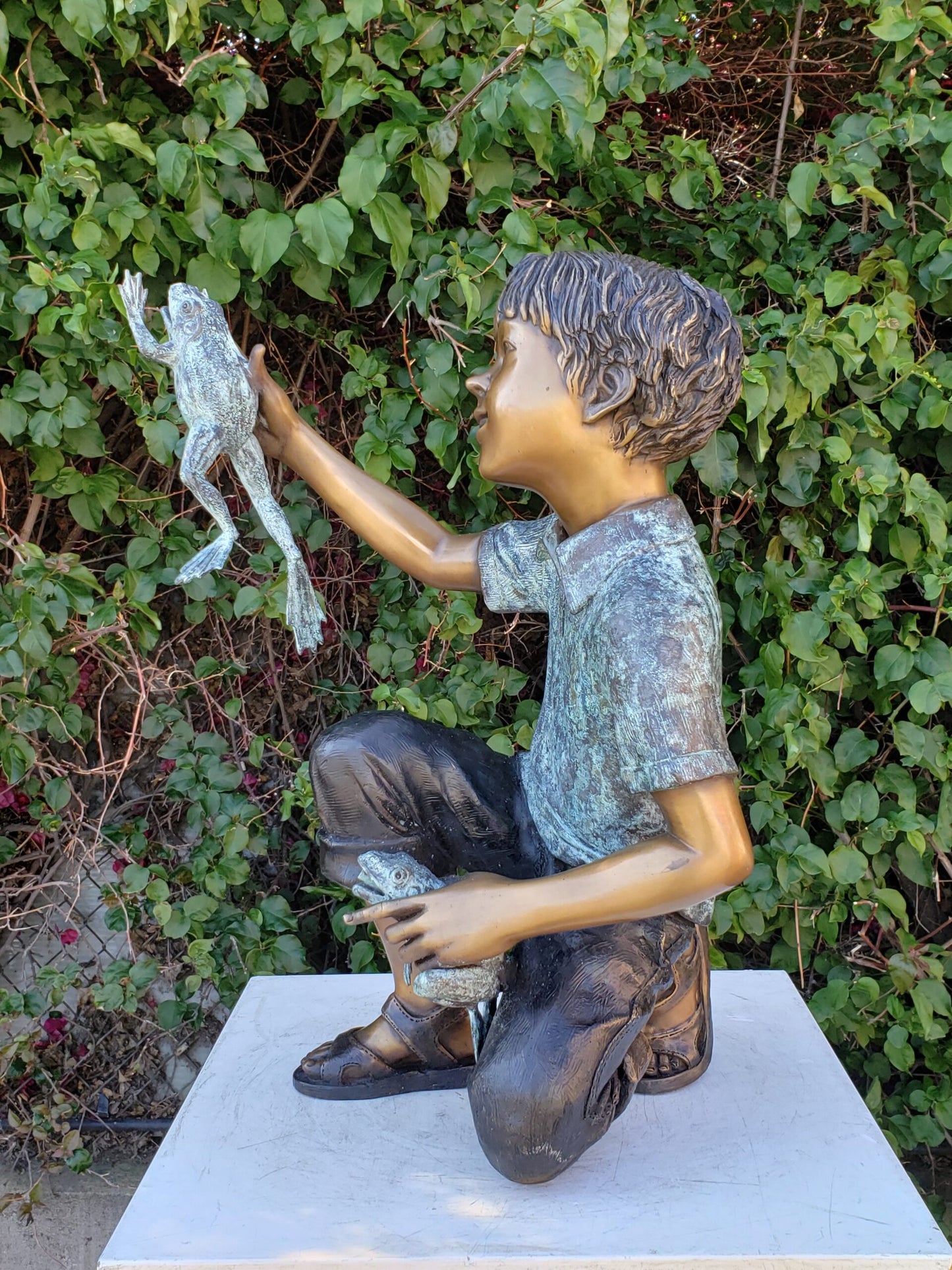 A Little Boy Playing with Two Frogs Bronze Statue Fountain  18" x 16" x 25"H