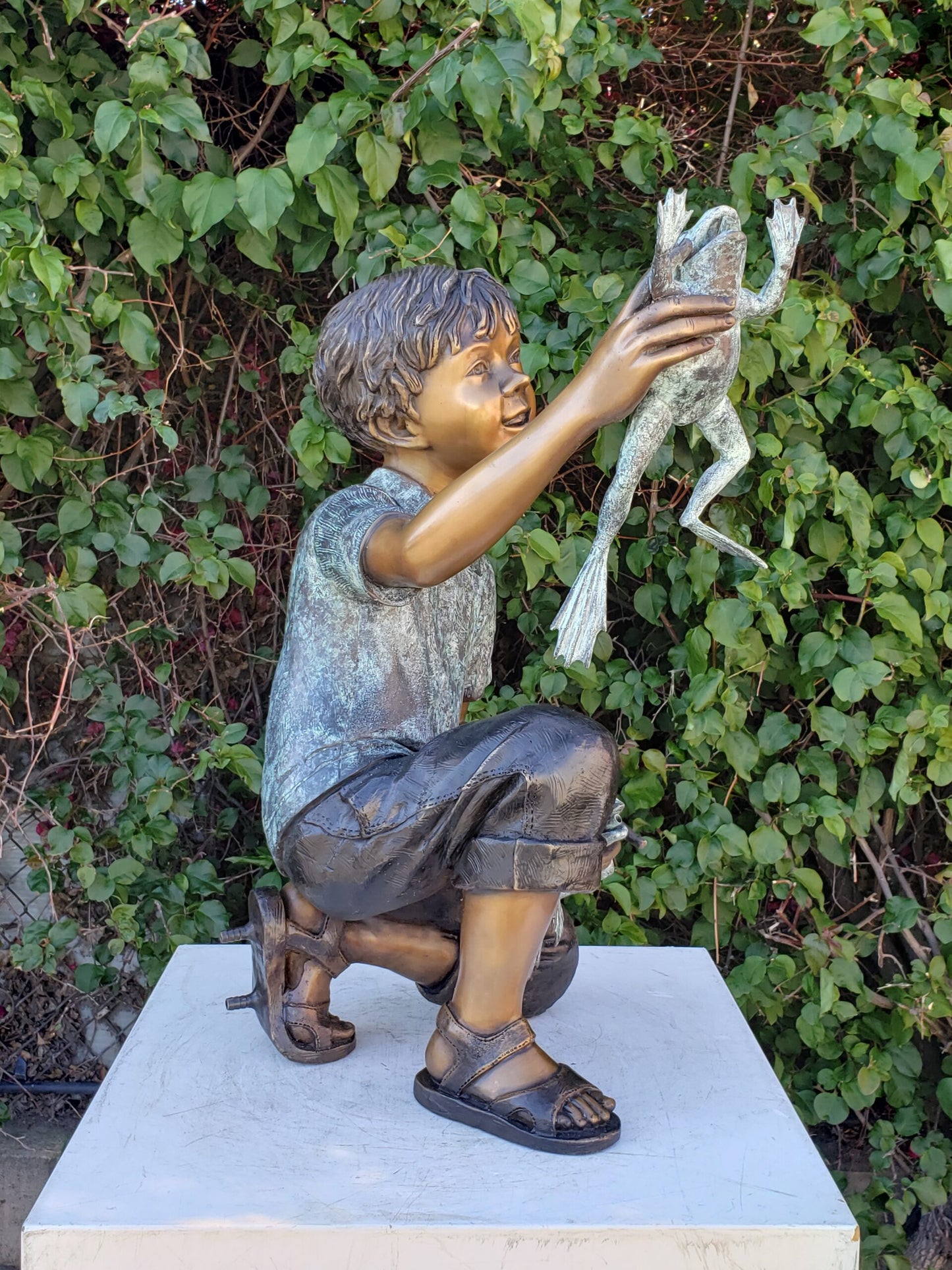 A Little Boy Playing with Two Frogs Bronze Statue Fountain  18" x 16" x 25"H