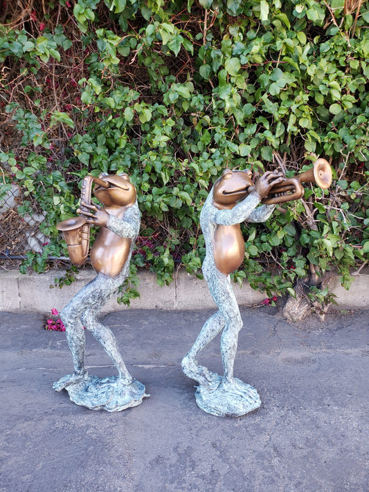 Pair of Musical Frogs Playing Instruments Bronze Statue Size: 16" x 13" x 33"H