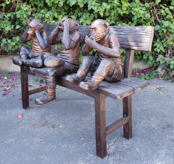 Three wise monkeys on a bench two tones bronze - Size: 45"L x 19"W x 30"H.