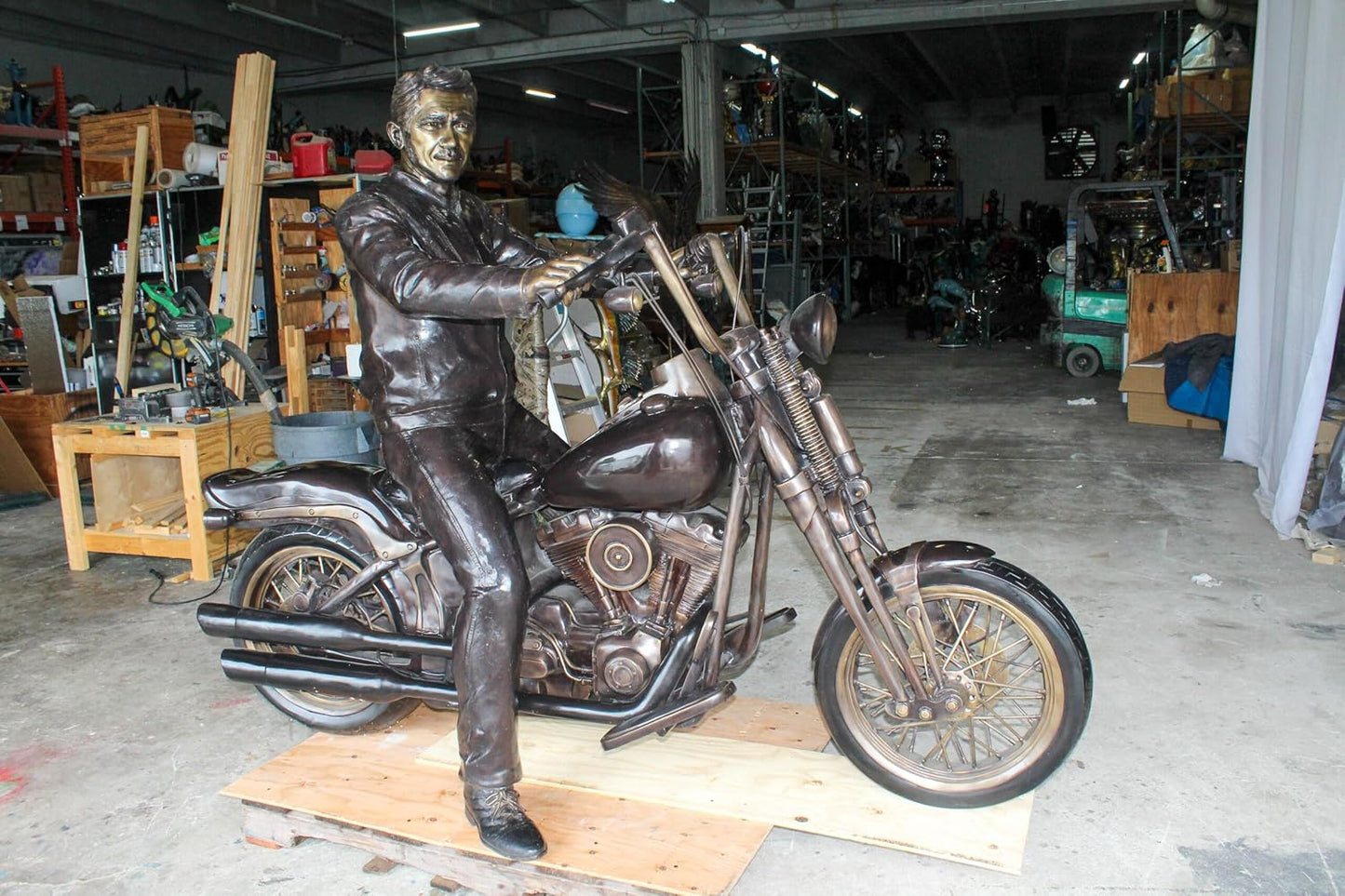 Bronze Sculpture of Man on His Motorcycle Life Size 
 94" x 50" x 72"H