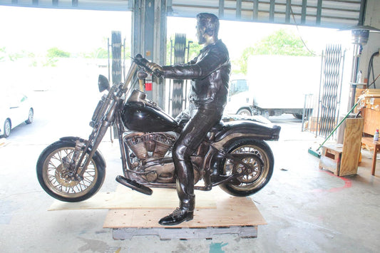 Bronze Sculpture of Man on His Motorcycle Life Size 
 94" x 50" x 72"H
