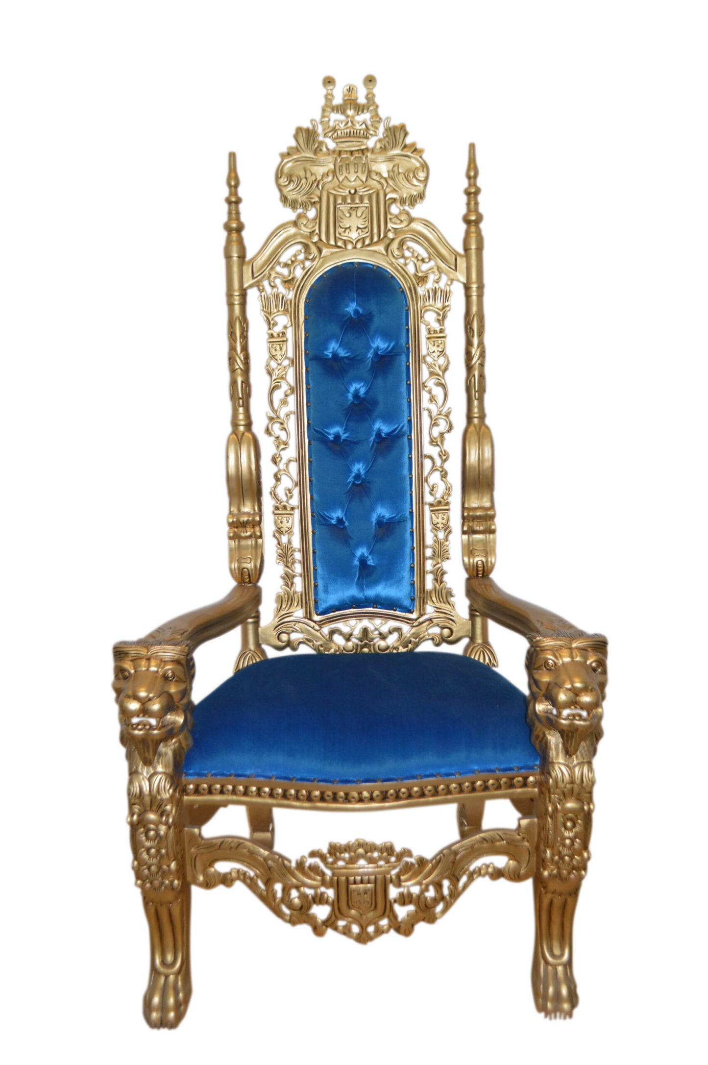 Gold and Blue Lion Chair - Size: 26"L x 36"W x 71"H.