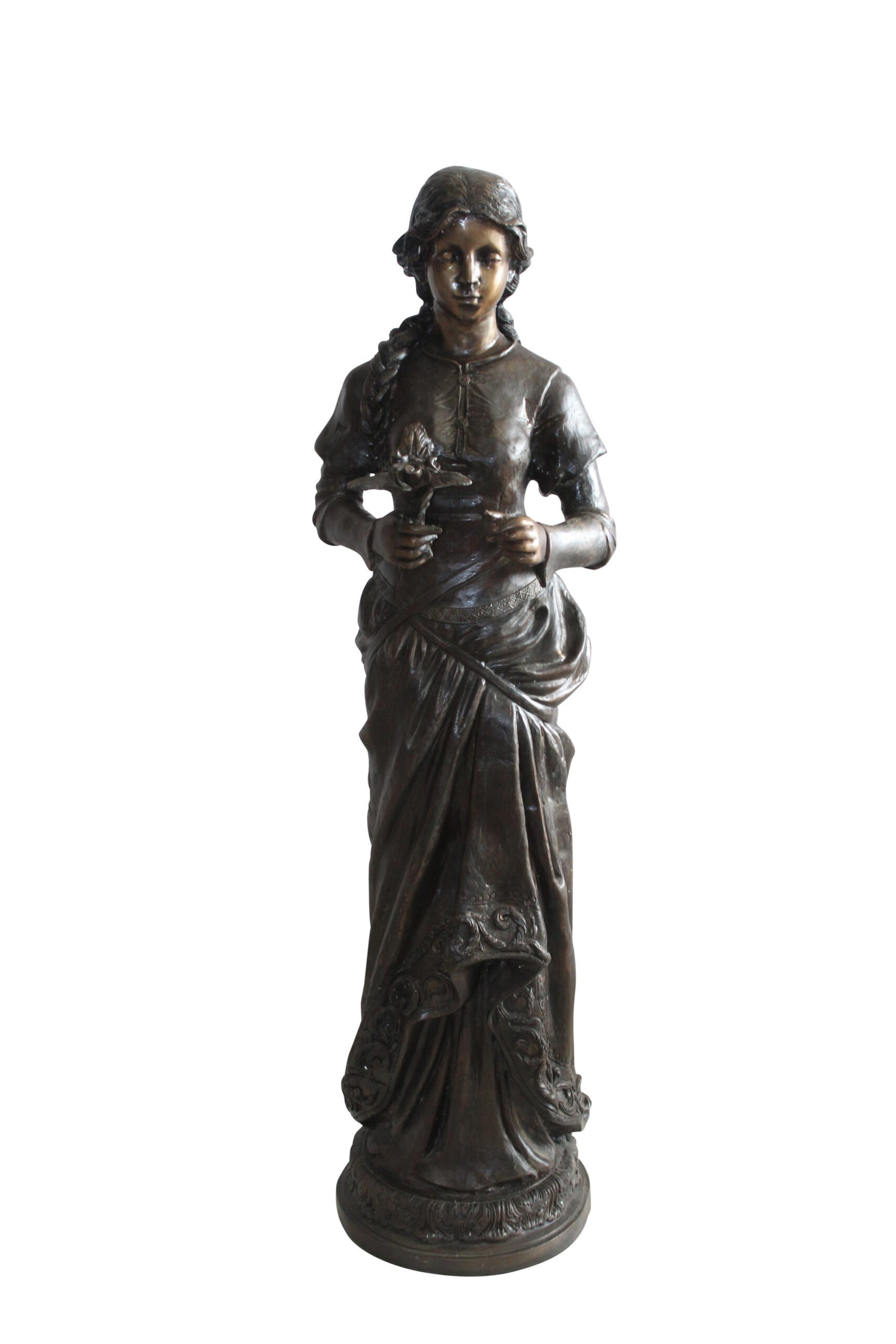 Classic Bronze Statue, Elegant Young Girl holding flowers 13" x 14" x 39"H