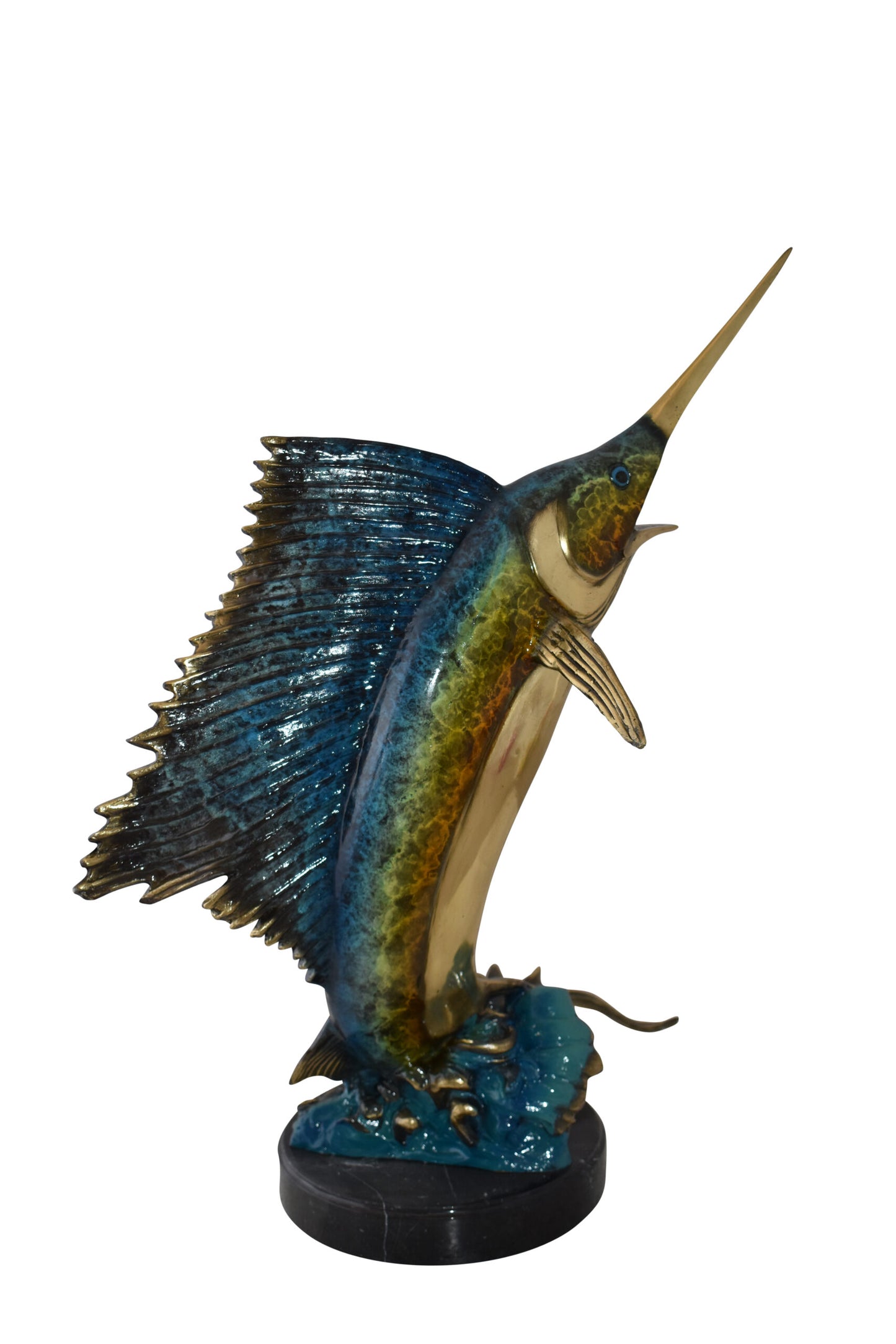 Gold And Blue Sailfish Swimming In Ocean Bronze Statue Size: 18" x 16" x 26"H