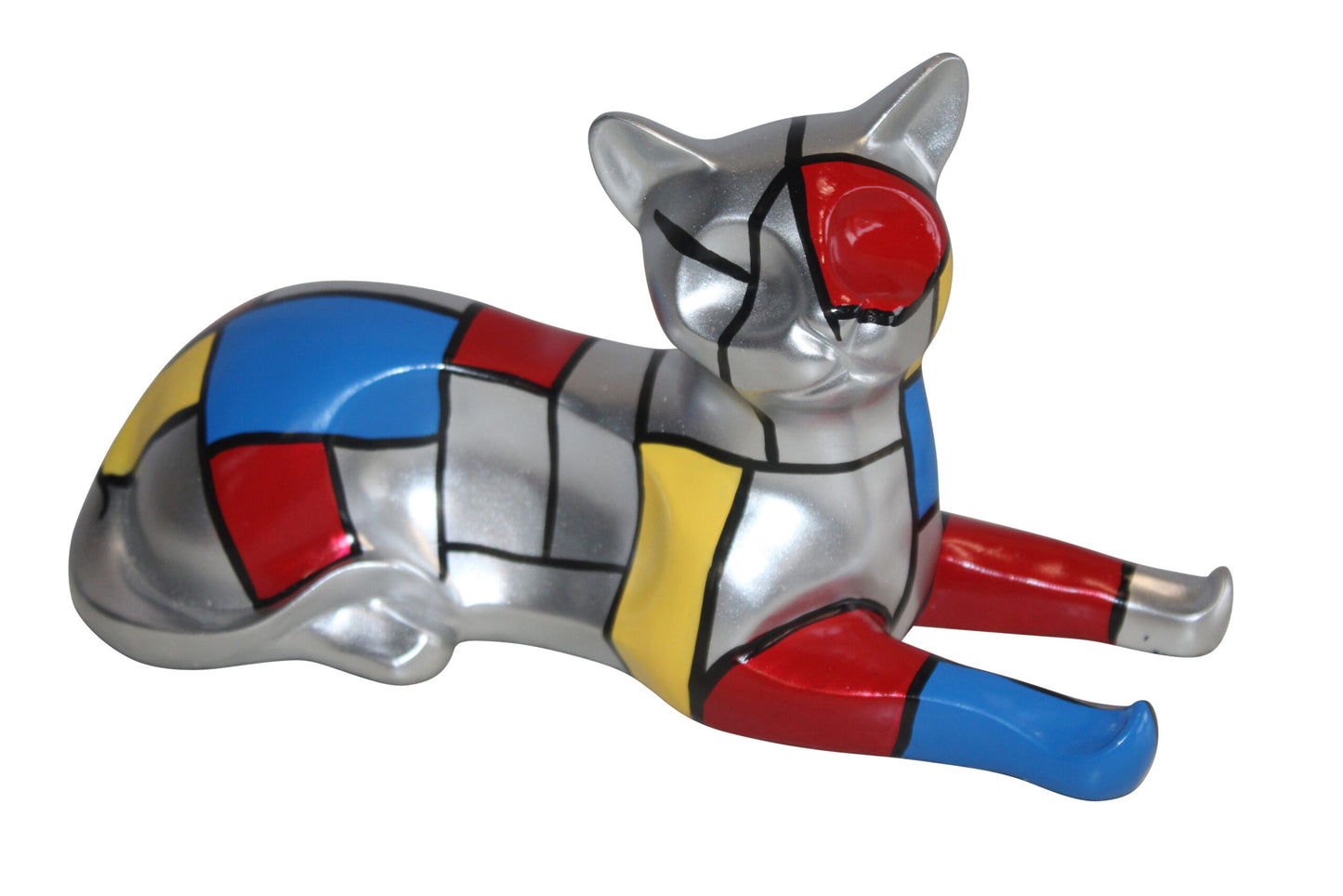 Geometric Themed Laying Cat Colorful Resin Statue 11" x 4" x 6"H