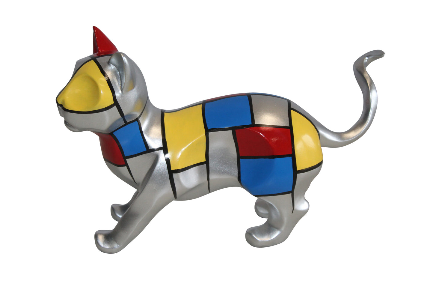Geometric Themed Standing Cat colorful Resin Statue 12" x 4" x 9"H