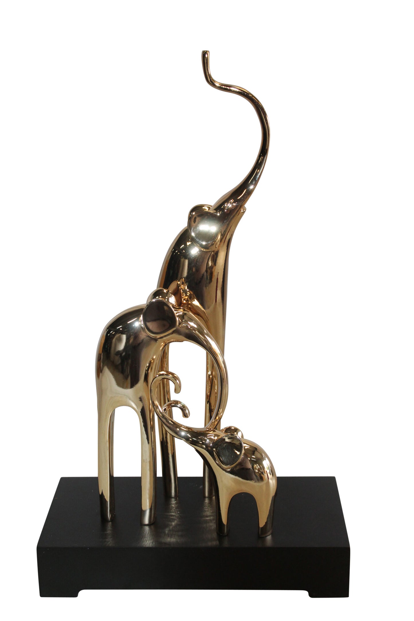 Gold Elephant Family Resin Statue on Black Base 11" x 5" x 8"H