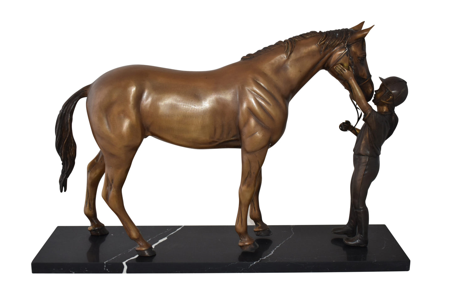 Lovable Girl and Horse Moment Bronze Statue on Marble Base Size: 23" x 6" x 15"H