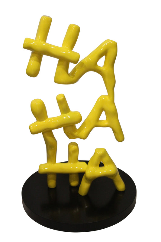 Yellow Pastel HA HA HA Resin Statue on Black Metal Base 20" x 20" x 31"H
