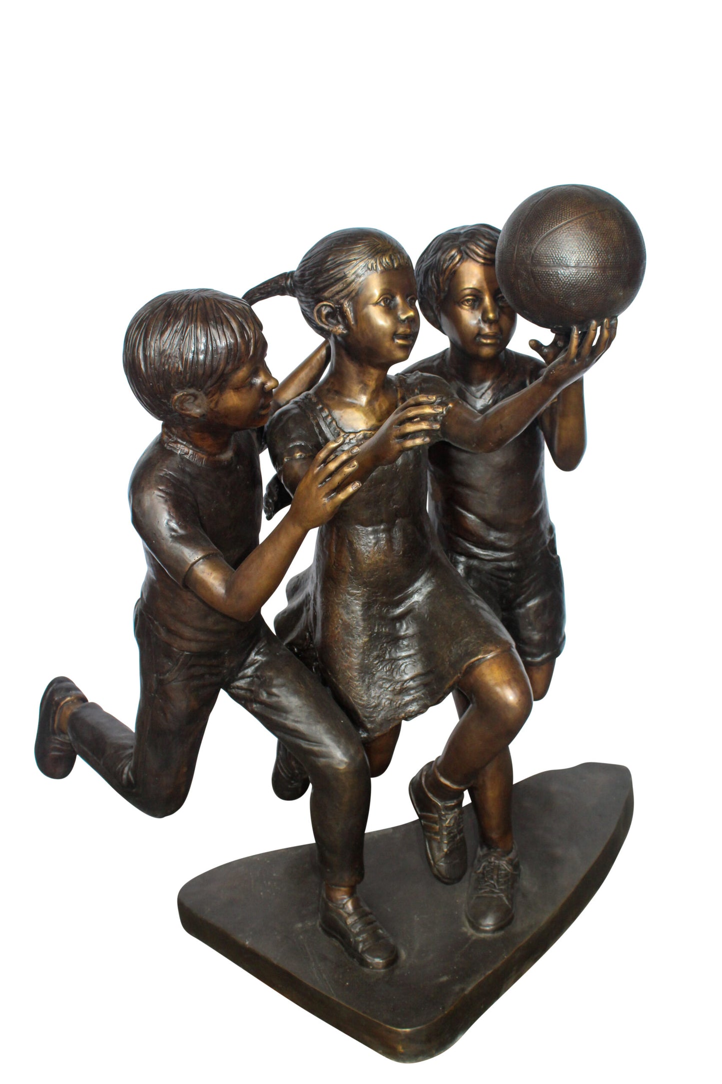 Life Size Kids Playing Basketball Bronze Statue, Sport Art 44" x 35" x 45"H