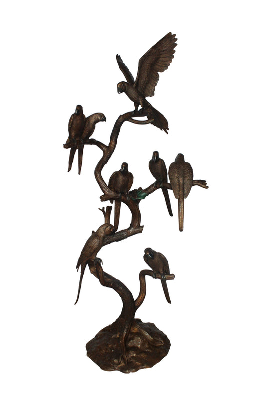 Eight Parrots Standing on a Tree Bronze Statue 33" x 24" x 66"H