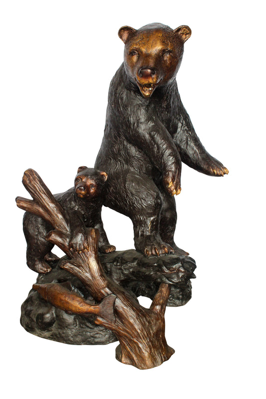Giant Bronze Statue of a Standing Bear and Cub by the River 40" x 38" x 55"H