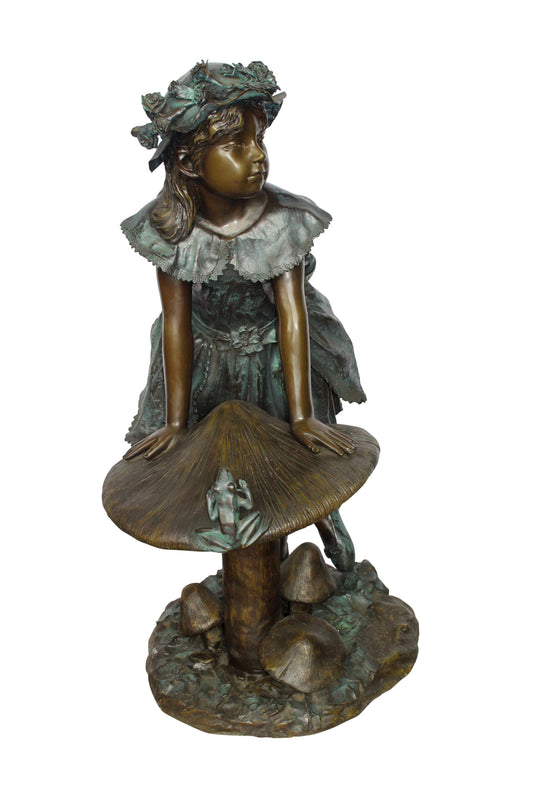 Elegant Girl Standing by a Frog on a Mushroom Bronze Fountain 31" x 20" x 43"H