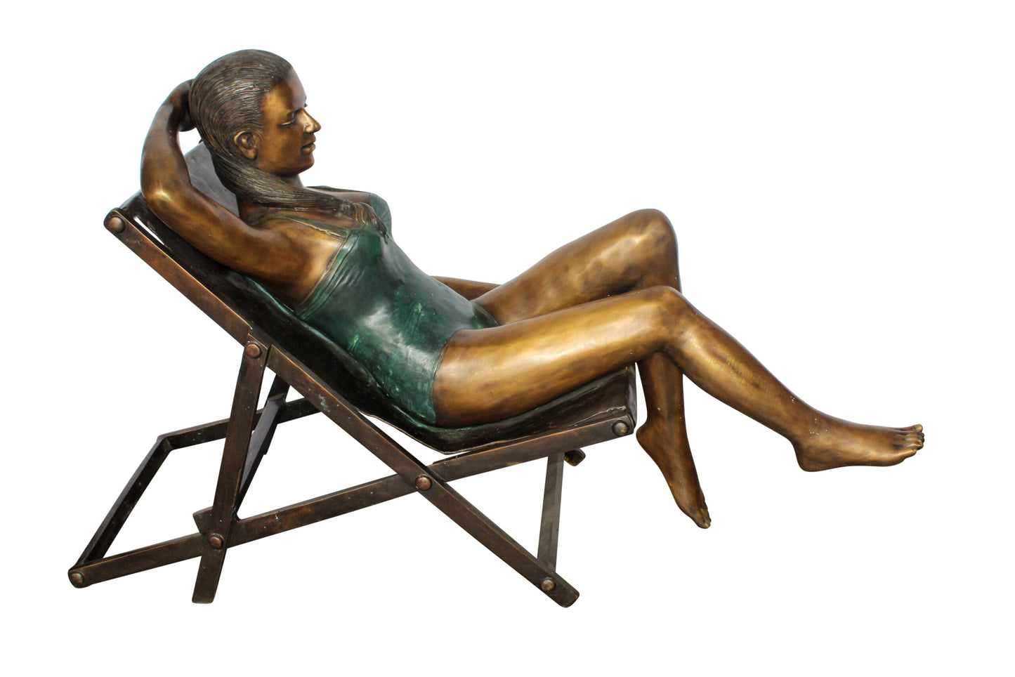 Life Size Bronze Statue of a Lady Sitting on a Beach Chair 64" x 25" x 38"H