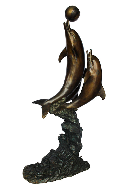 Three Dolphins Performing with Beach Ball Giant Bronze Fountain 41" x 27" x 91"H