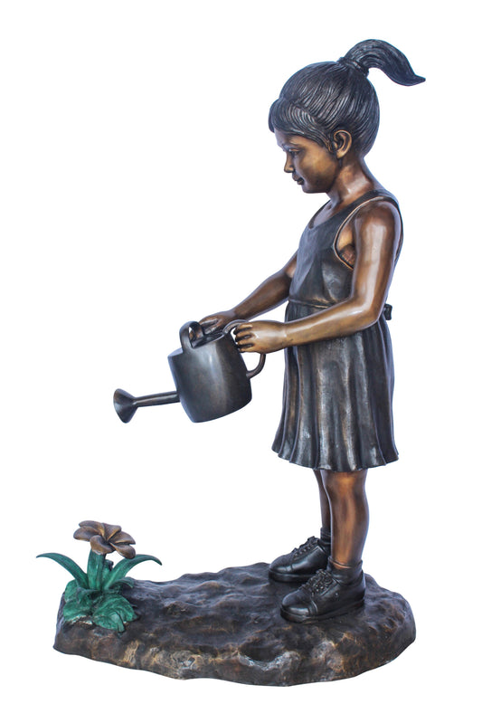 Bronze Statue of a Little Girl Watering Flowers 34" x 14" x 47"H