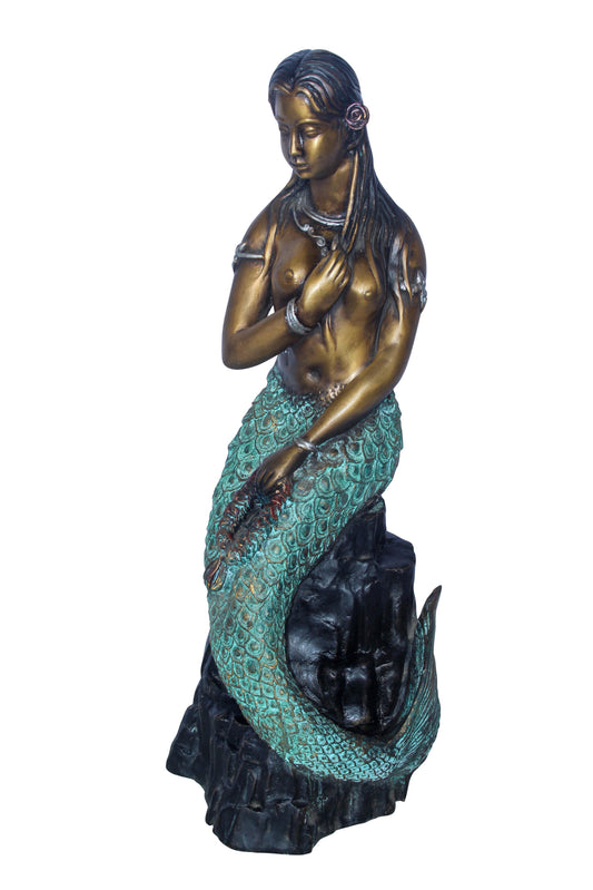 Enchanting Mermaid on Rock by Water Bronze Statue Nude Art 10" x 9" x 24"H