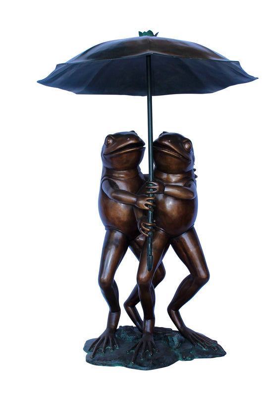 Bronze Fountain, Two Frogs with Umbrella, Playful Garden Decor 33" x 33" x 51"H