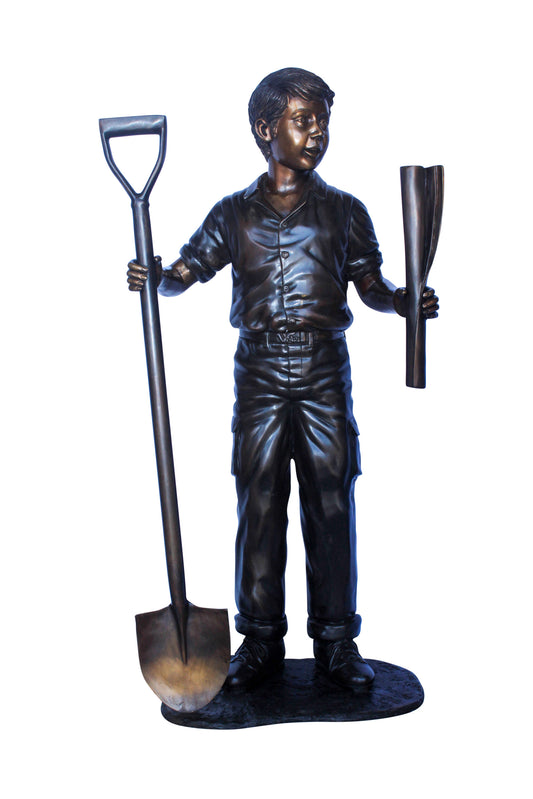 A Boy with Shovel, Charming Garden Bronze Statue 24" x 15" x 27"H