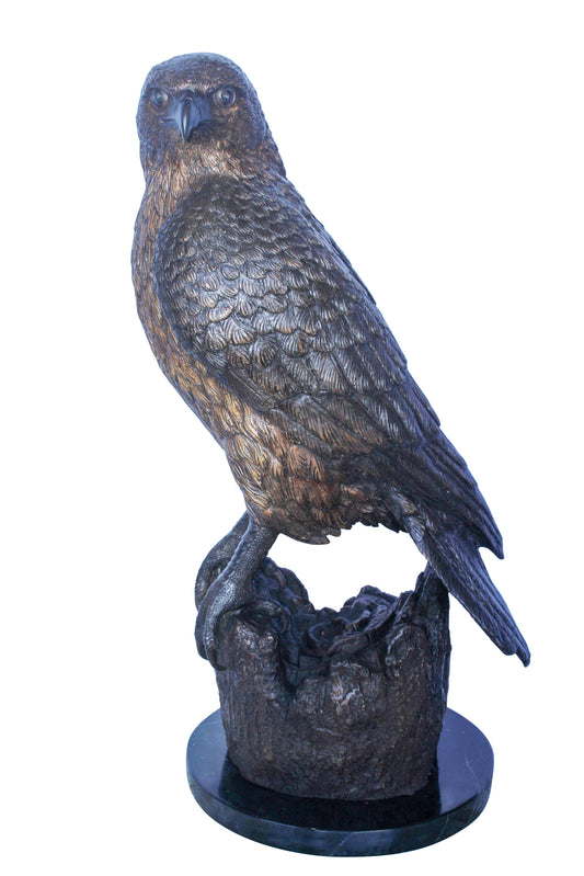 Hawk Bronze Statue Standing on Tree Stump with Marble Base 12" x 15" x 29"H
