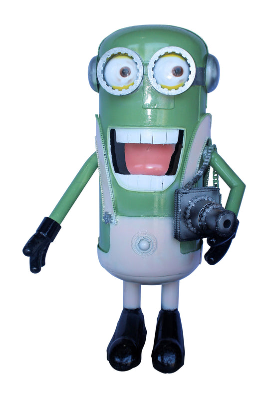 Amusing Metal Scrap Statue of Boy Holding a Camera, Unique Art 26" x 18" x 41"H