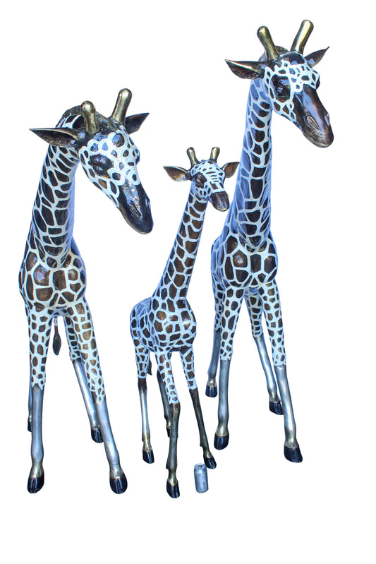 Giraffe Family Bronze Statue Silver and Brown Tone Finish 86" x 24" x 85"H