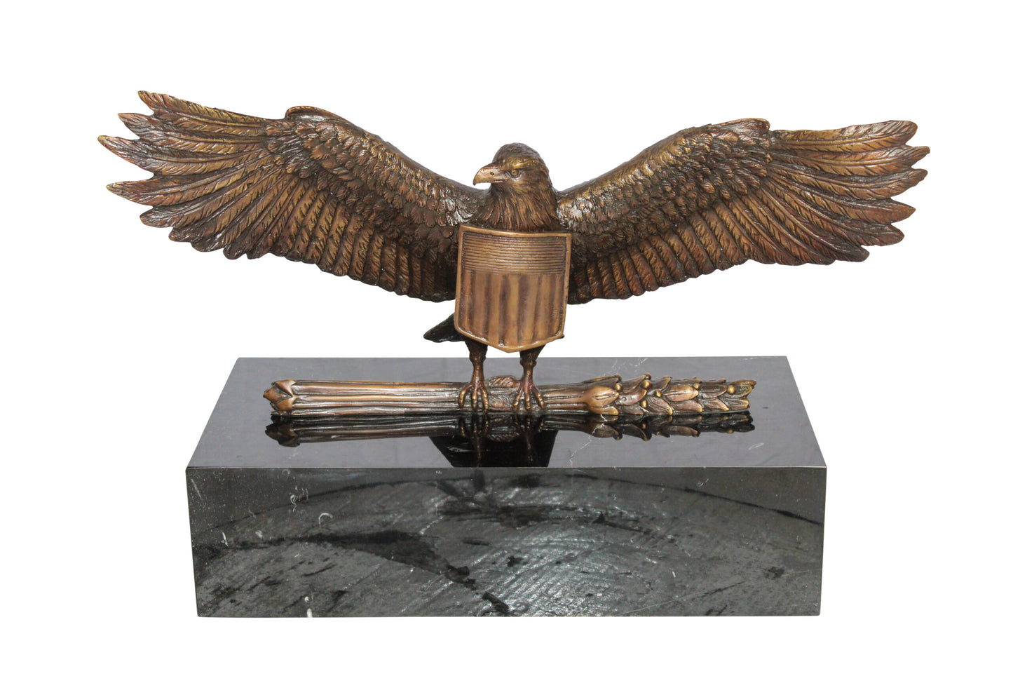 Nifao Majestic American Eagle Bronze Sculpture with Shield – Lost-Wax Cast, Classic Patina Finish, Mounted on Marble Base – Symbol of Strength, Freedom, Patriotism & Honor20 x 8" x 14"H
