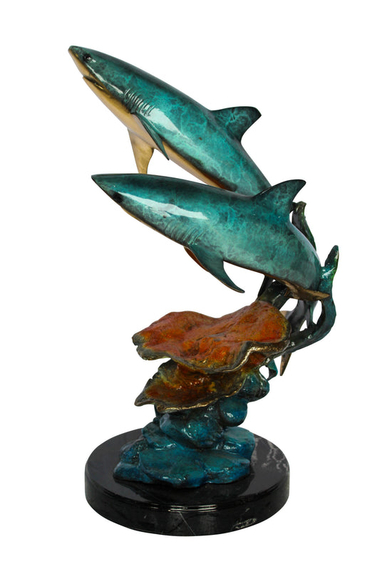 Nifao Bronze Shark Sculpture – Two Sharks Swimming Above Coral Reef – Handcrafted Lost Wax Cast Bronze with Patina Finish on Black Marble Base and Gift 11" x 16" x 23"H