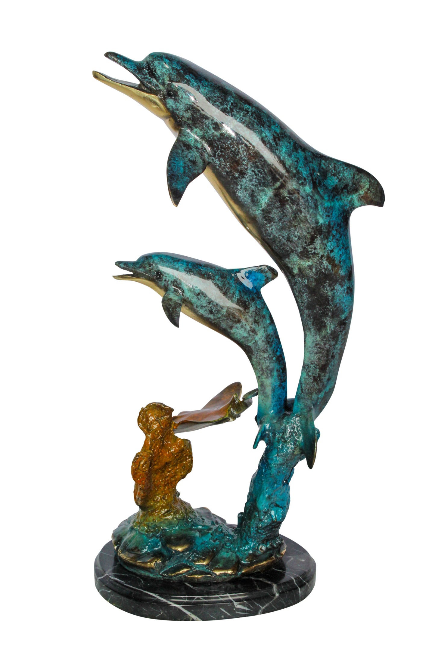 Nifao Enchanting Bronze Mermaid with Two Dolphins Statue – Handcrafted Lost Wax Sculpture with Marble Base, Ocean Fantasy Art Decor for Home, Coastal Themes, and Collectors 9" x 7" x 22"H