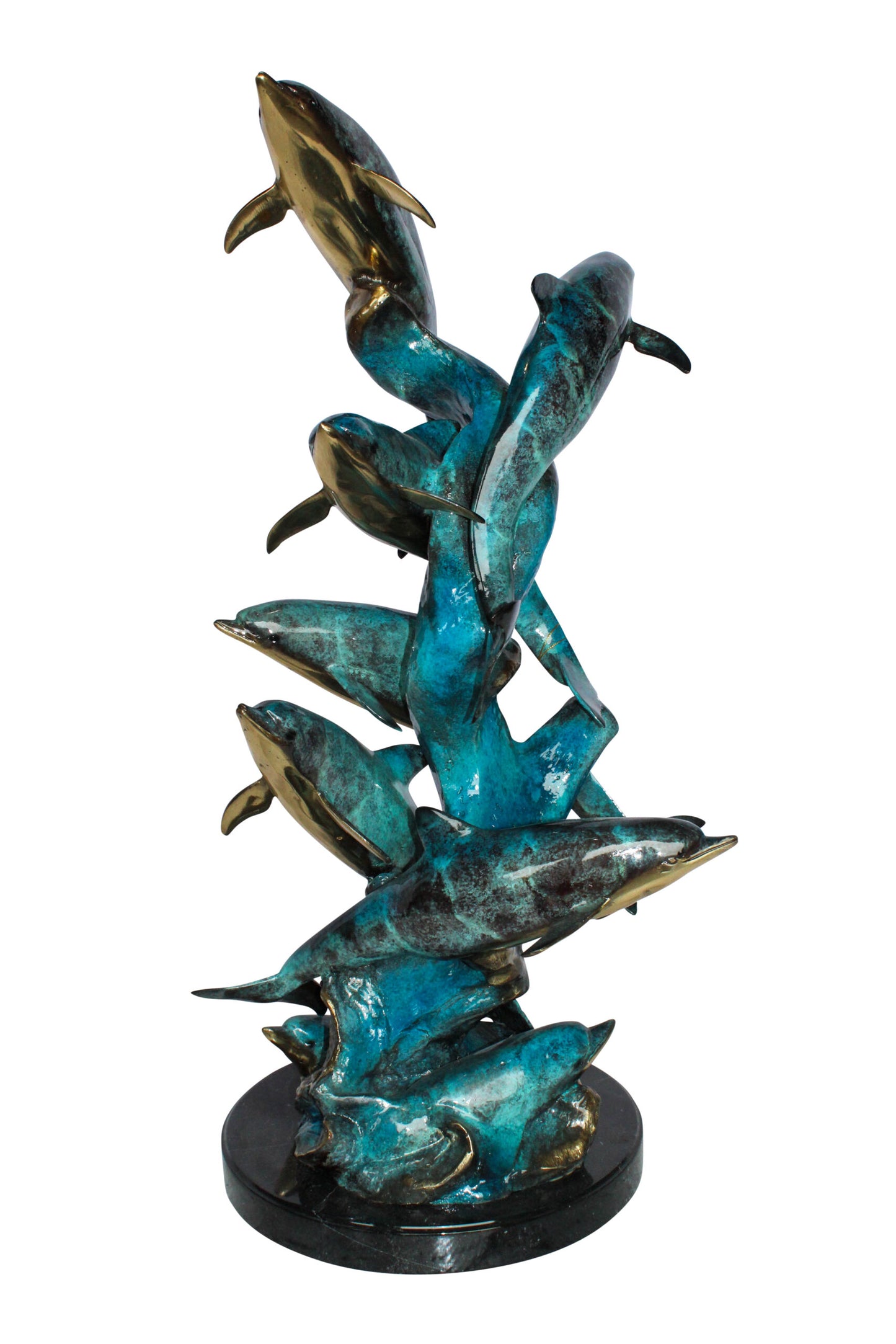 Nifao Bronze Dolphin Pod Sculpture – Spiral Formation of Dolphins with Blue-Green Patina & Polished Bronze Accents – Handcrafted Lost Wax Cast Marine Life Statue on Base 14" x 16" x 35"H
