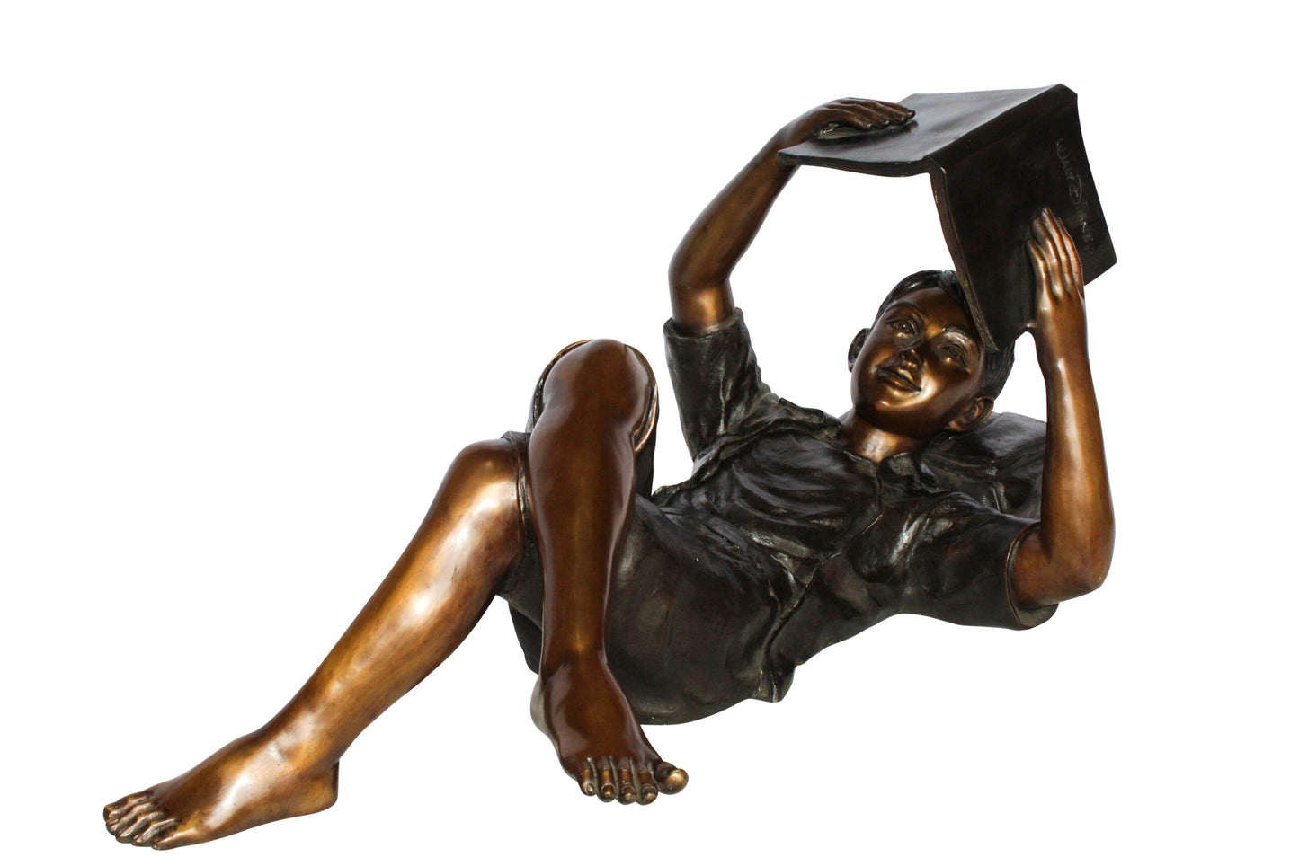 Nifao Bronze Boy Reading Statue – Large Handcrafted Lost Wax Sculpture of Young Boy Lying Back with Book – Detailed Child Figurine for Study, Library, Garden, or Home Déco 41" x 22" x 18"H