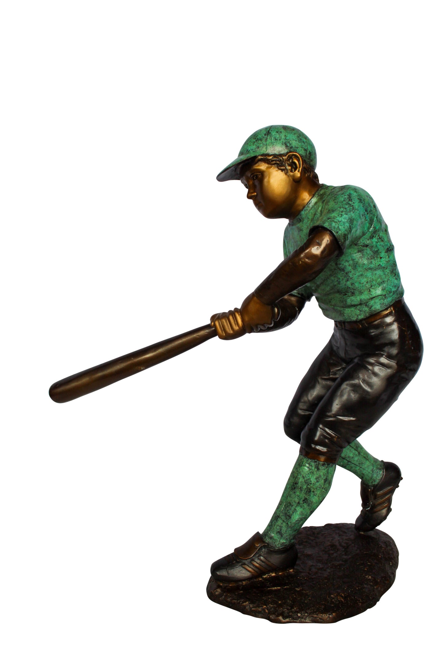 Nifao Bronze Baseball Boy Statue – Young Athlete Mid-Swing Sculpture with Green & Brown Patina – Lost Wax Cast Bronze Sports Artwork for Garden, Park, or Home Decor 27" x 12" x 24"H