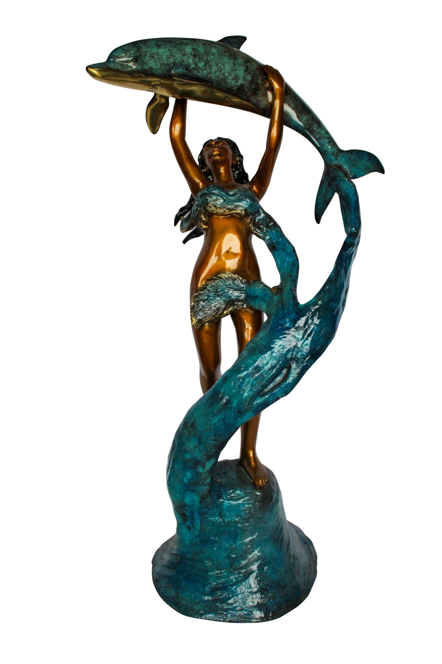 Nifao Bronze Mermaid Fountain Statue – Enchanting Mermaid Lifting Dolphin Sculpture with Flowing Water Feature – Handcrafted Lost Wax Casting with Multi-Tone Patina – Outdoor Garden 25" x 24" x 57"H