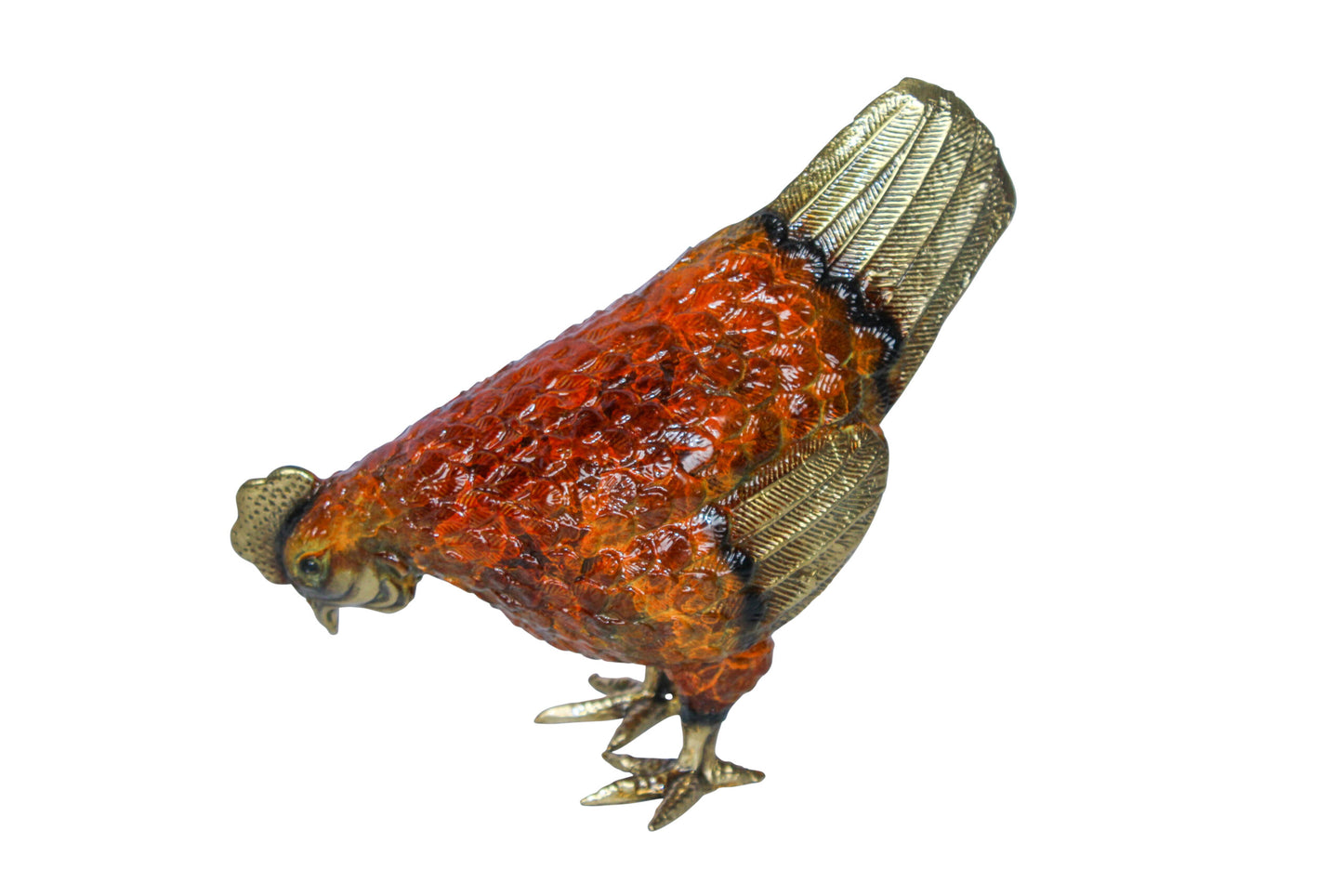 Nifao Bronze Chicken Figurine – Red Enamel Farmhouse Decor Sculpture with Gold-Toned Wings & Tail – Handcrafted Lost Wax Casting Collectible – Rustic Kitchen & Country Home Accent 8" x 4" x 7"H