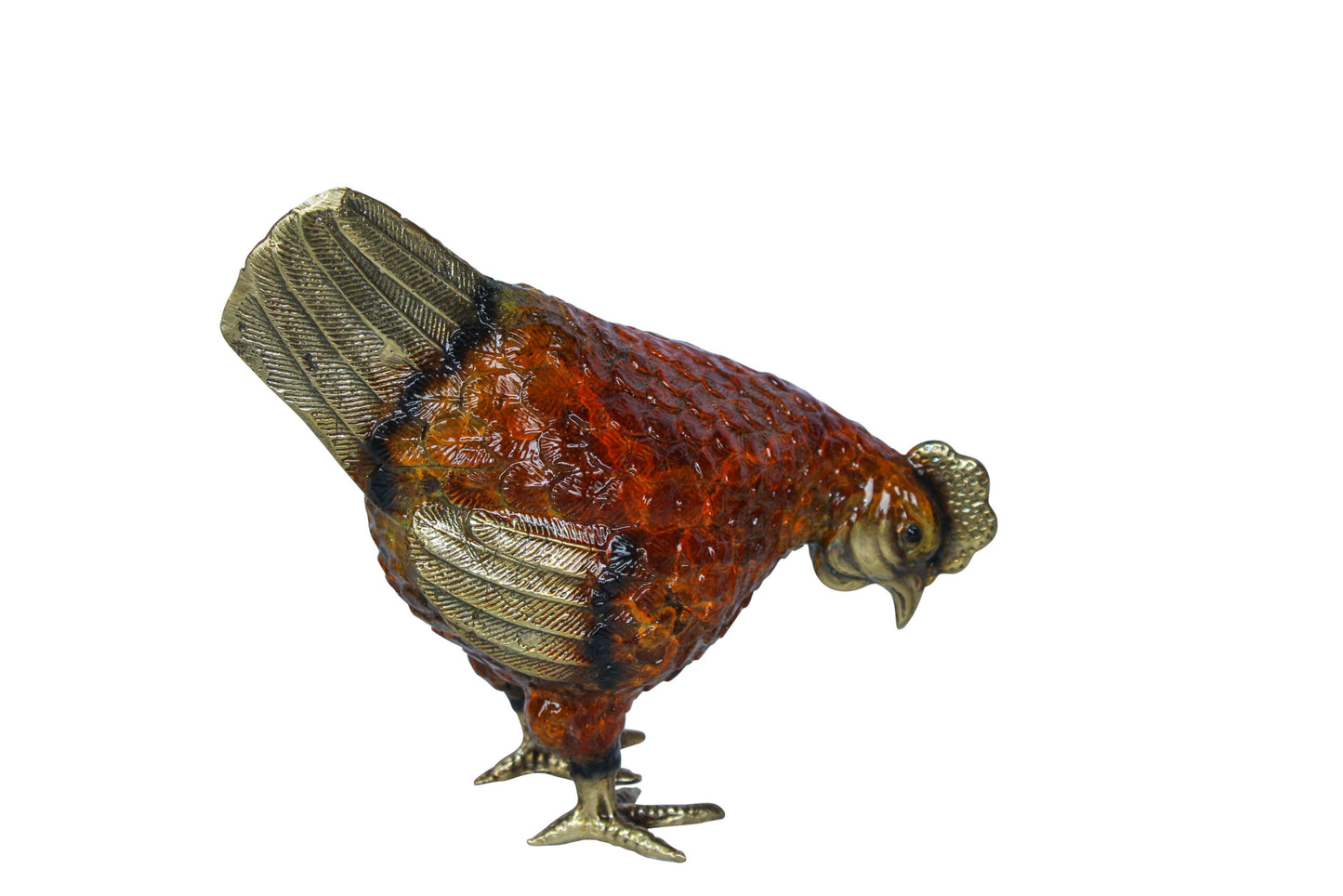 Nifao Bronze Chicken Figurine – Red Enamel Farmhouse Sculpture with Gold-Toned Wings & Tail – Handcrafted Lost Wax Casting – Rustic Kitchen & Country Home Decor Collectible 8" x 4" x 7"H