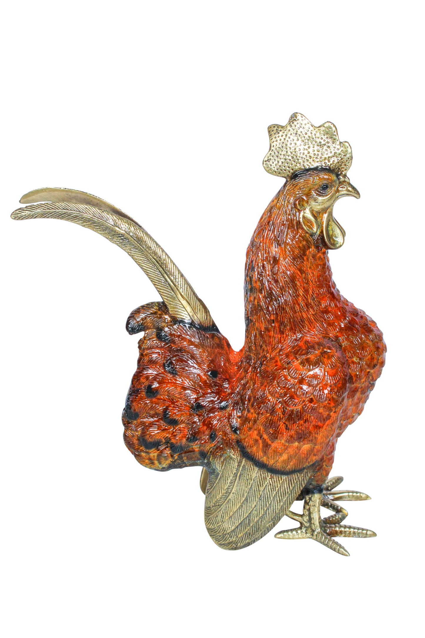Decorative Bronze Rooster Statue with Red Enamel Finish 9" x 5" x 12"H