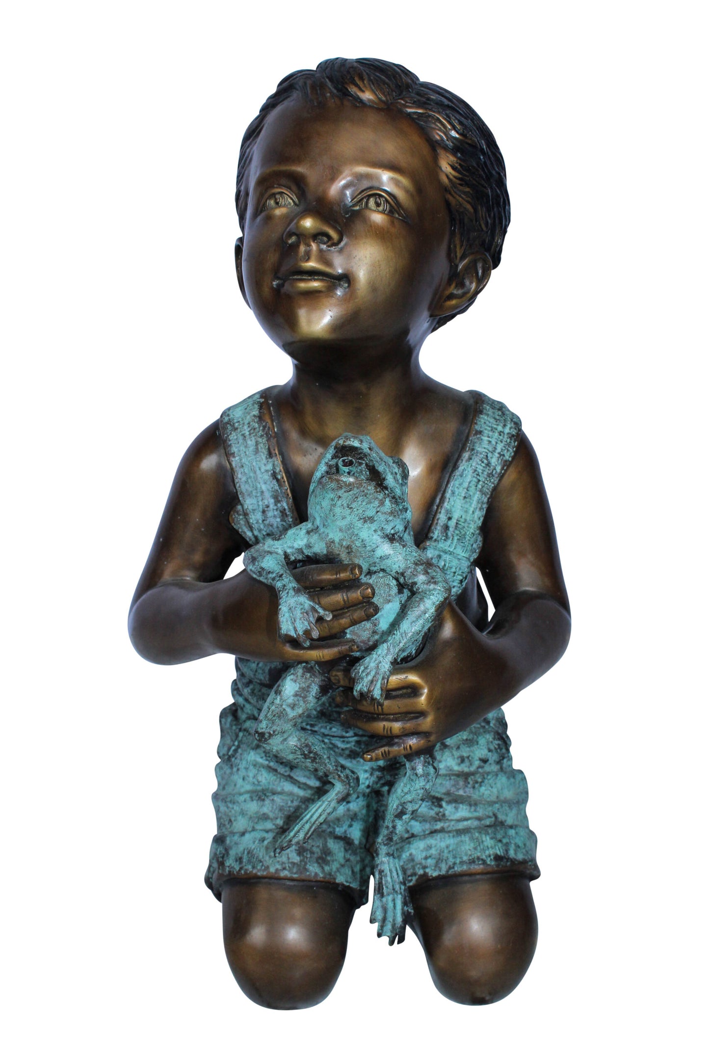 Boy Holding Frog Bronze Fountain Statue Green Patina 12" x 11" x 21"H