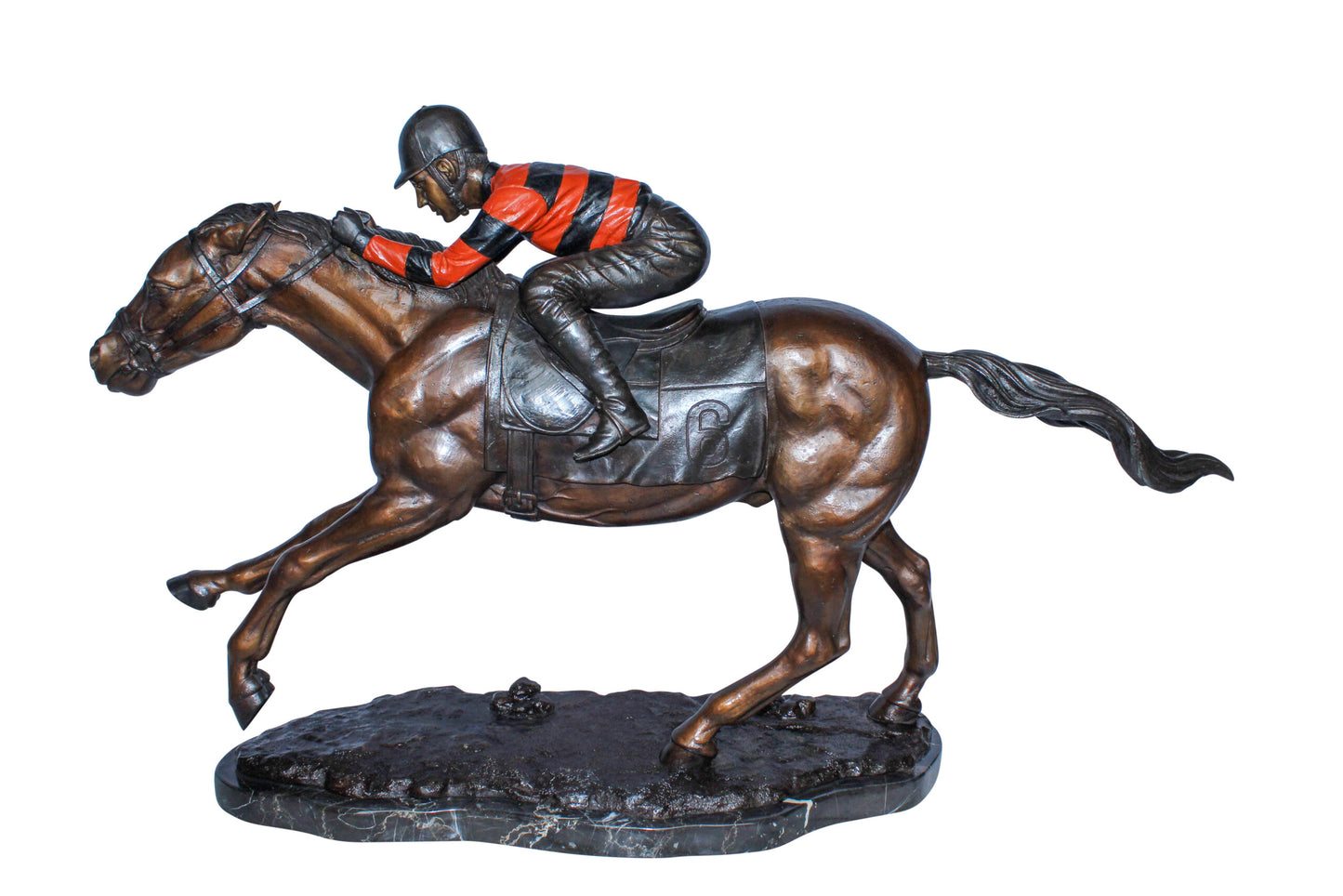 Bronze Horse Racing Statue with Jockey in Striped Uniform 50" x 14" x 29"H