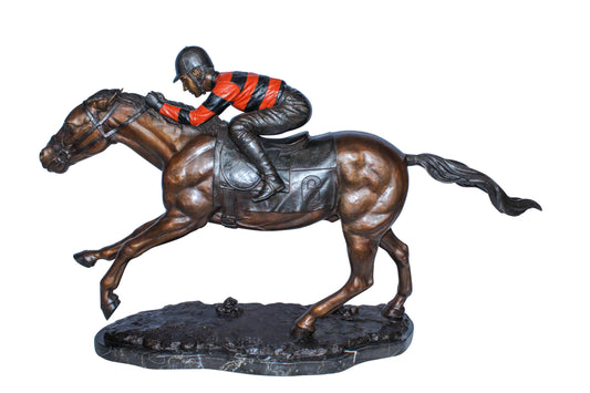Bronze Horse Racing Statue with Jockey in Striped Uniform 50" x 14" x 29"H