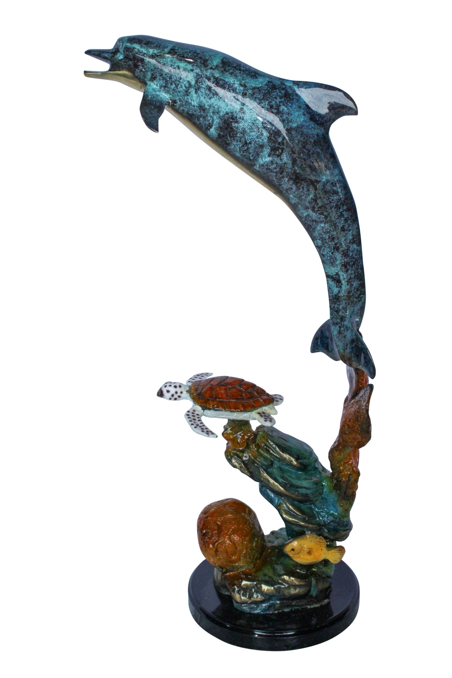 Nifao Bronze Dolphin with Sea Turtle & Coral Reef Sculpture – Handcrafted Lost Wax Cast, Patina & Polished Ocean Scene Statue –Coastal Marine Life Decor Accent for Home 8" x 13" x 25"H